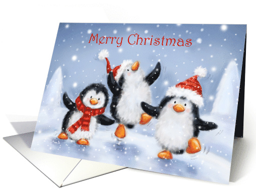 Three Happy Penguins Dancing in Snowfall card (1637622)