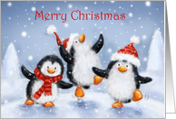 Three Happy Penguins Dancing in Snowfall card