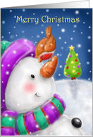 Merry Christmas Snowman and Robin Portrait card