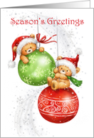 Season’s Greetings, Two Bears Hanging on Christmas Baubles card
