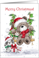 Merry Christmas,Cute Bear with his Friends on Swing card