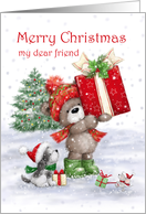 Merry Christmas for Friend Cute Bear Holding Big Present with Friends card