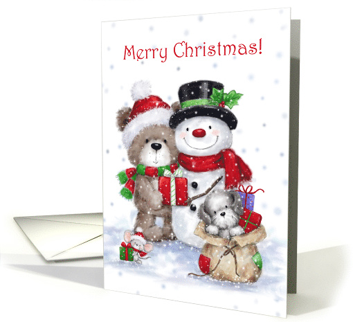 Merry Christmas for Friend Bear with Snowman and Friends card