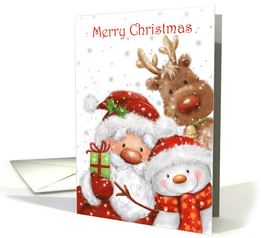Merry Christmas Santa Reindeer and Snowman Saying Hi card (1641786)