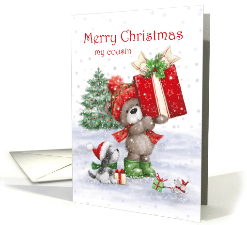 Christmas to my Cousin Cute Bear Holding a Big Present card (1647966)