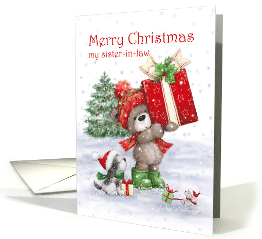 Christmas to my Sister in Law Cute Bear Holding a Big Present card