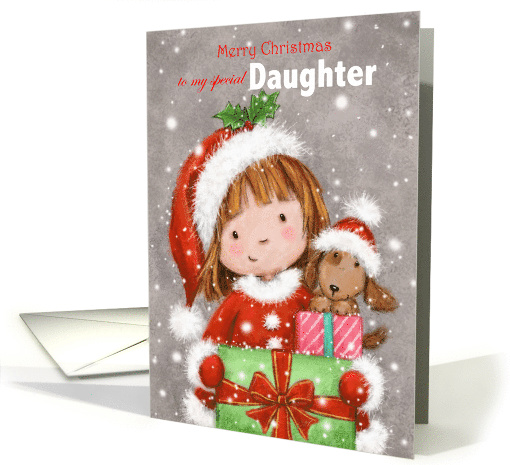 Christmas to Daughter Girl with Dog Holding Presents card (1653154)