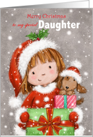 Christmas to Daughter Girl with Dog Holding Presents card