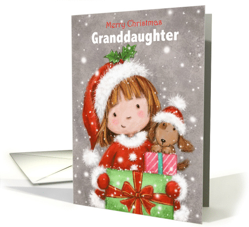 Christmas to Granddaughter Girl with Dog Holding Presents card