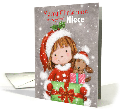 Christmas to Sweet Niece Girl with Dog Holding Presents card (1653186)