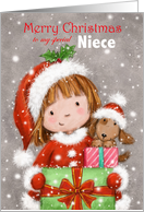 Christmas to Sweet Niece Girl with Dog Holding Presents card