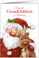 Christmas to Grandchildren Santa and Reindeer with Big Smile card