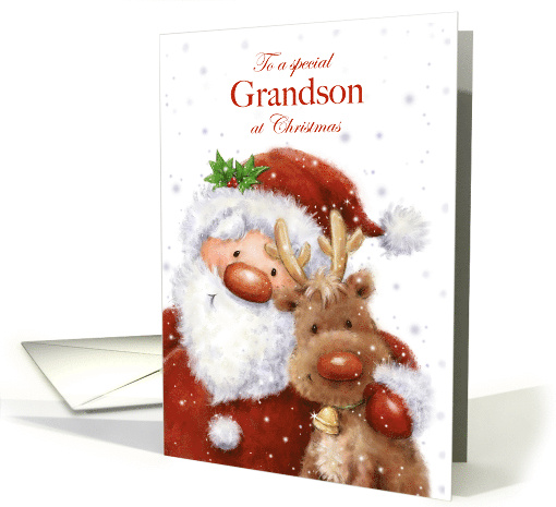 Christmas to Grandson Santa and Reindeer with Big Smile card (1653582)