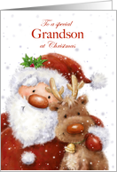 Christmas to Grandson Santa and Reindeer with Big Smile card