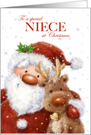 Christmas to Niece Santa and Reindeer with Big Smile card