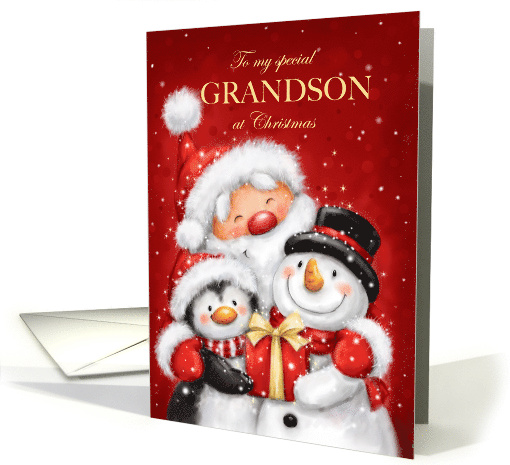 Christmas to Grandson Santa Penguin Snowman with Big Smile card