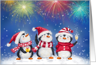 Merry Christmas and Happy New Year Penguins with Fireworks card