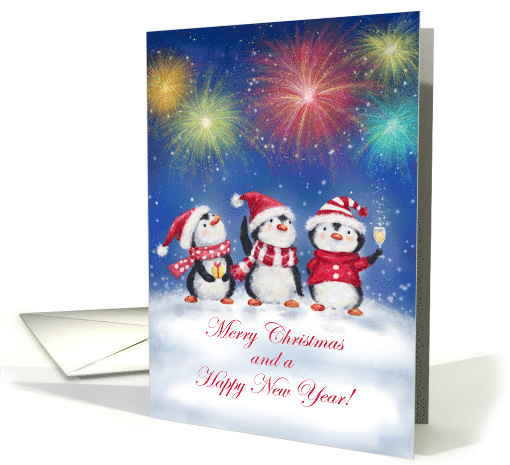 Merry Christmas and Happy New Year Penguins with Fireworks card