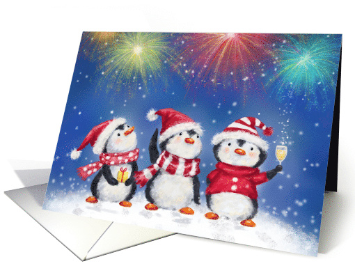 Season's Greetings Penguins Celebrating with Fireworks card (1654060)