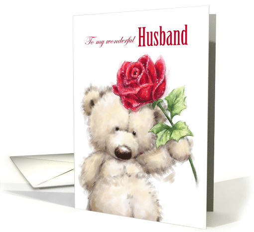 Valentine's Day to Husband Cute Bear Holding a Beautiful Rose card
