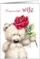 Happy Birthday to Wife Cute Bear Holding a Beautiful Rose card