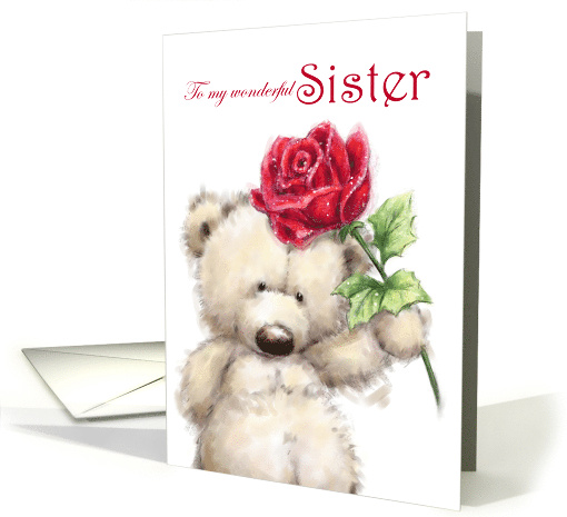 Happy Birthday to Sister Cute Bear Holding a Beautiful Rose card