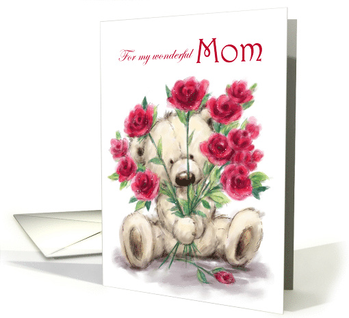 Valentine's Day for Mom Cute Bear Holding Bunch of Roses card