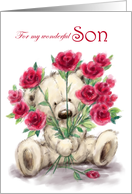 Valentine’s Day for Son Cute Bear Holding Bunch of Roses card