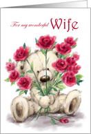 Valentine’s Day for wife Cute Bear Holding Bunch of Roses card