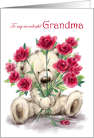 Happy Birthday for Grandma Cute Bear Holding Bunch of Roses card