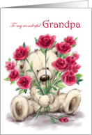 Happy Birthday for Grandpa Cute Bear Holding Bunch of Roses card