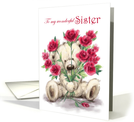 Happy Birthday for Sister Cute Bear Holding Bunch of Roses card