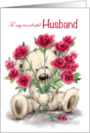 Valentine’s Day for Husband Bear Holding Bunch of Roses card
