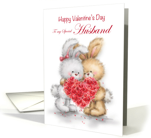 Valentine's Day for Husband Rabbit Couple with Heart Shaped Roses card