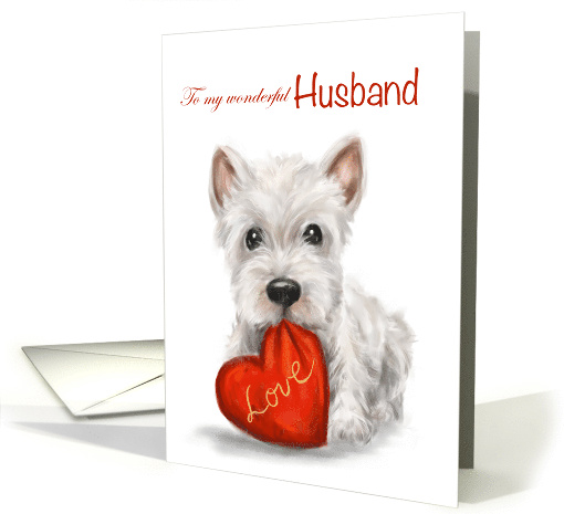 Valentine's Day to Husband White Dog with Red Heart Cushion card