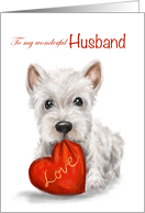 Valentine’s Day to Husband White Dog with Red Heart Cushion card