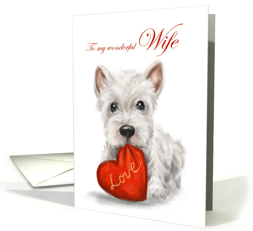 Valentine's Day to Wife White Dog with Red Heart Cushion card