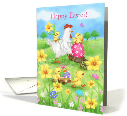 Happy Easter Hen and Chicks with Spring Flowers and Eggs card