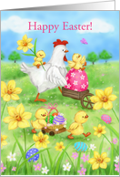 Happy Easter Hen and Chicks with Spring Flowers and Eggs card