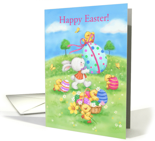 Happy Easter Rabbit and Chicks with Spring Flowers and Eggs card