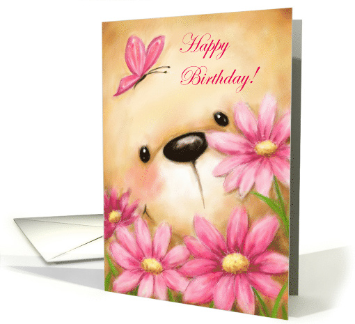 Happy Birthday Cute Bear's Face with Flowers and Butterfly card