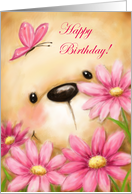 Happy Birthday Cute Bear’s Face with Flowers and Butterfly card