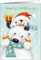 Merry Christmas cute Polar Bear and Penguin card