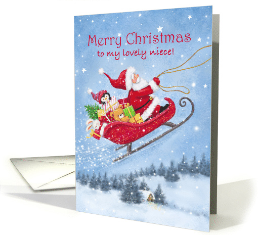 Merry Christmas Niece Santa Riding Sleigh with Friends card (1693488)