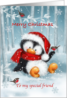 Merry Christmas Friend Cute Penguin with Santa’s Hat card