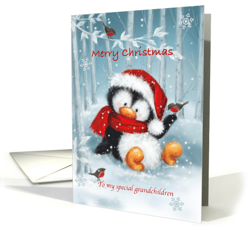 Merry Christmas Grandchildren Cute Penguin with Santa's Hat card