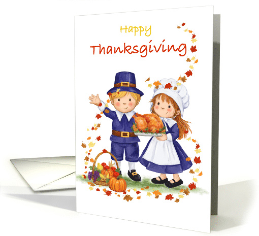 Happy Thanksgiving Children with Turkey and Fall Basket card (1695212)
