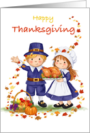 Happy Thanksgiving Children with Turkey and Fall Basket card