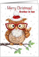 Brother in Law Merry Christmas Cool Owl with Eyeglasses with V sign card