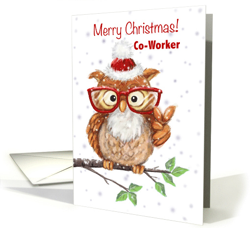 Merry Christmas Co-worker Cool Owl with Eyeglasses Showing V sigh card
